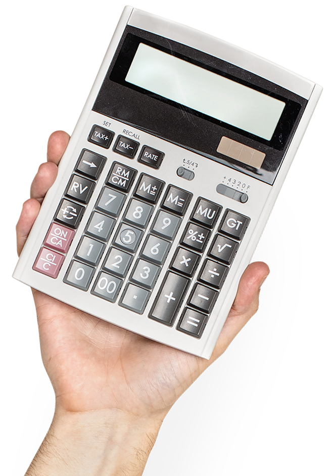 Hand holding calculator representing custom printing quote services.